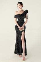 Draped One Shoulder Ruffle Formal Dress S / Black