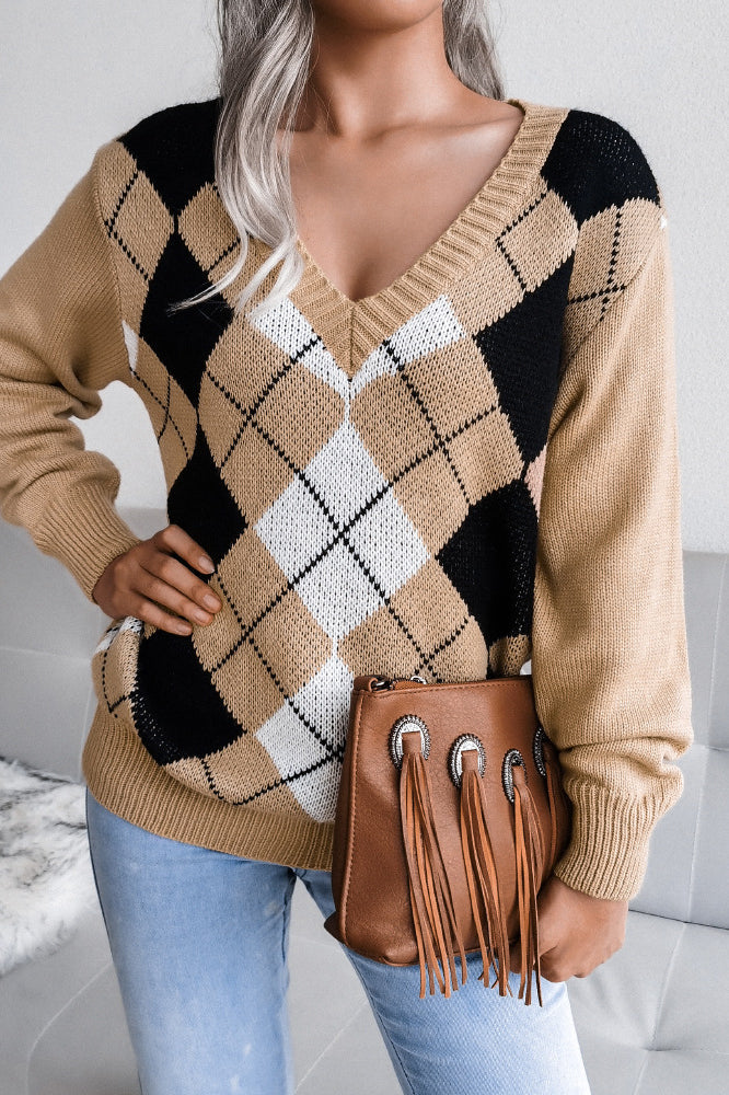 Argyle V Neck Knit Pullover Sweater S / Khaki