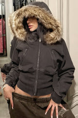 Street Style Fur Trim Sweatshirt Jacket Brown / S