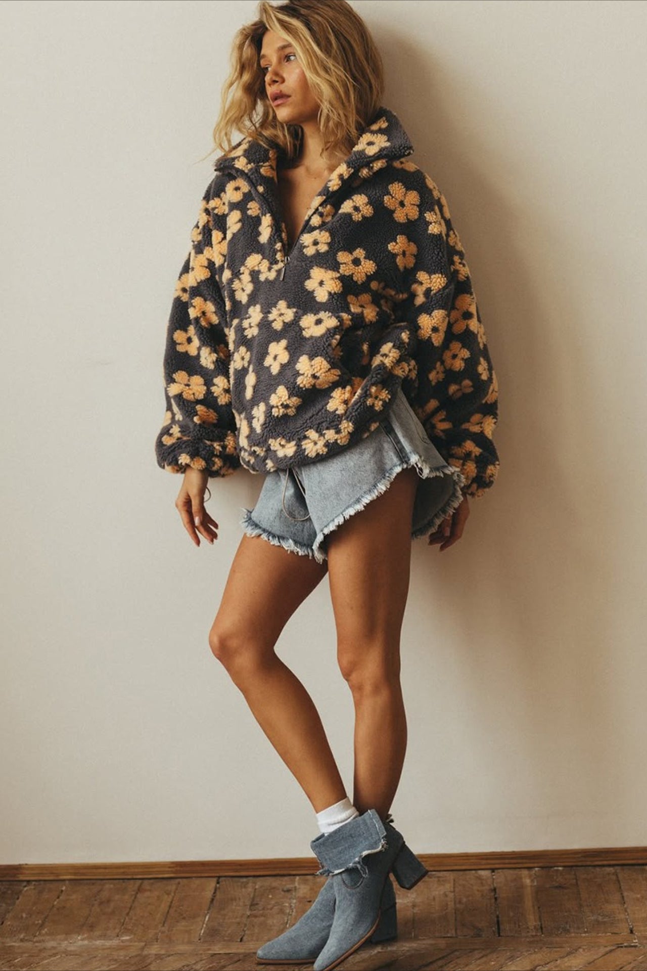 Floral Sherpa Quarter Zip Pullover Sweatshirt