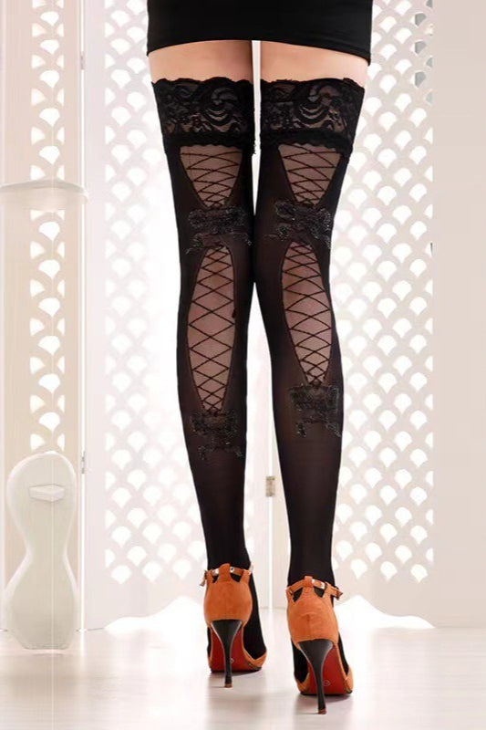 Back Lace Up Black Lace Thigh-High Stockings