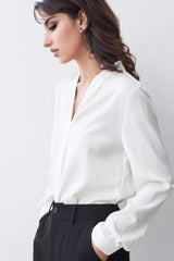 V Neck Satin Long Sleeve Blouse