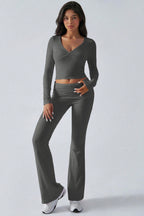 Casual V Neck Flared Stretch Two Piece Pants Set
