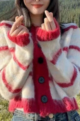 Striped Cropped Round Neck Christmas Cardigan