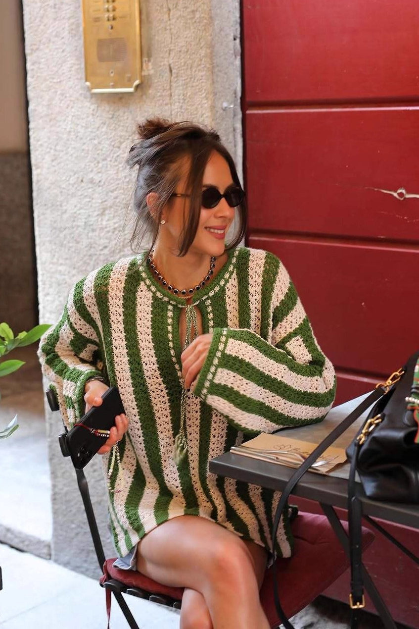Green White Striped Tie Front Sweater Secondary image