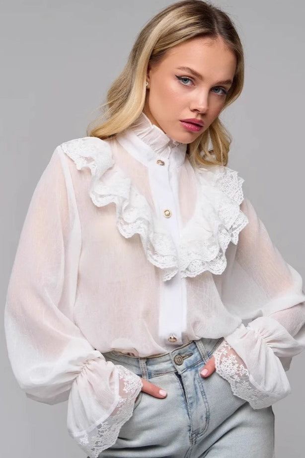 Lace Trim Stand Collar Chiffon Blouse Main image