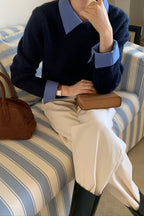 Layered Look Collared Knit Sweater Navy blue / One Size