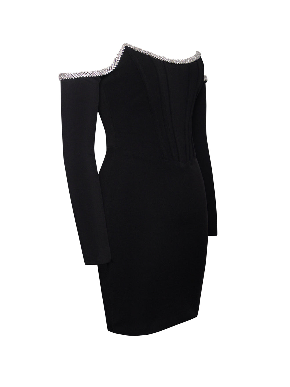 Annika Black Off Shoulder Long Trendy Sleeve Corset Dress With Crystal Trim Dresses