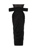 Stella Black Off Shoulder Graceful Crystal Corset Satin Gown Dresses