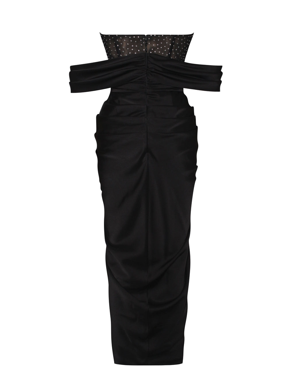 Stella Black Off Shoulder Graceful Crystal Corset Satin Gown Dresses