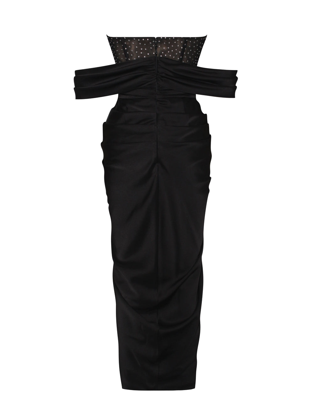 Stella Black Off Shoulder Graceful Crystal Corset Satin Gown Dresses