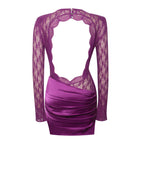 Quartney Purple Long Sleeve Graceful Lace Satin Mini Dress Dresses