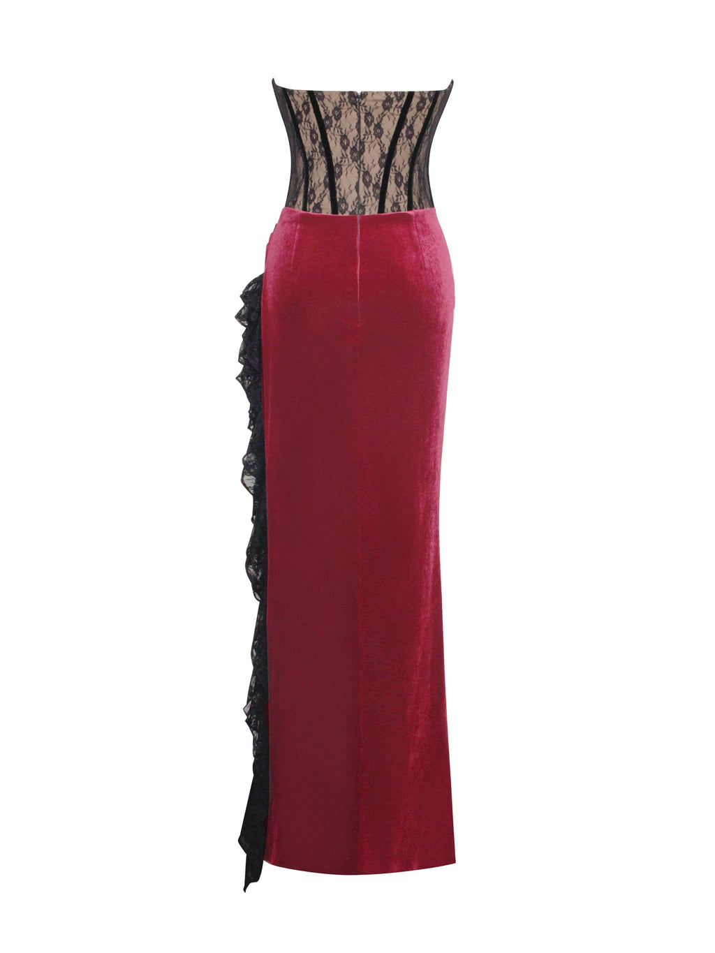 Gaia Burgundy Lace Velvet Graceful Corset Side Slit Dress Dresses