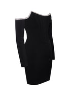 Annika Black Off Shoulder Long Trendy Sleeve Corset Dress With Crystal Trim Dresses