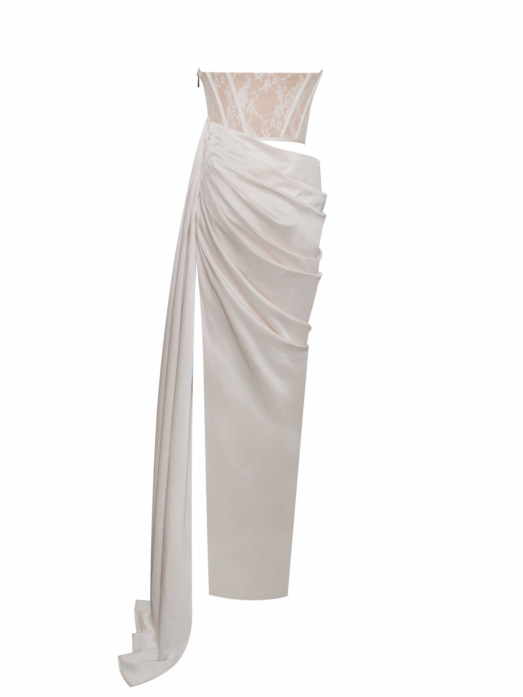 Callie Pearl White Lace Graceful Satin Corset High Slit Gown Gowns