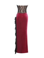 Gaia Burgundy Lace Velvet Graceful Corset Side Slit Dress Dresses
