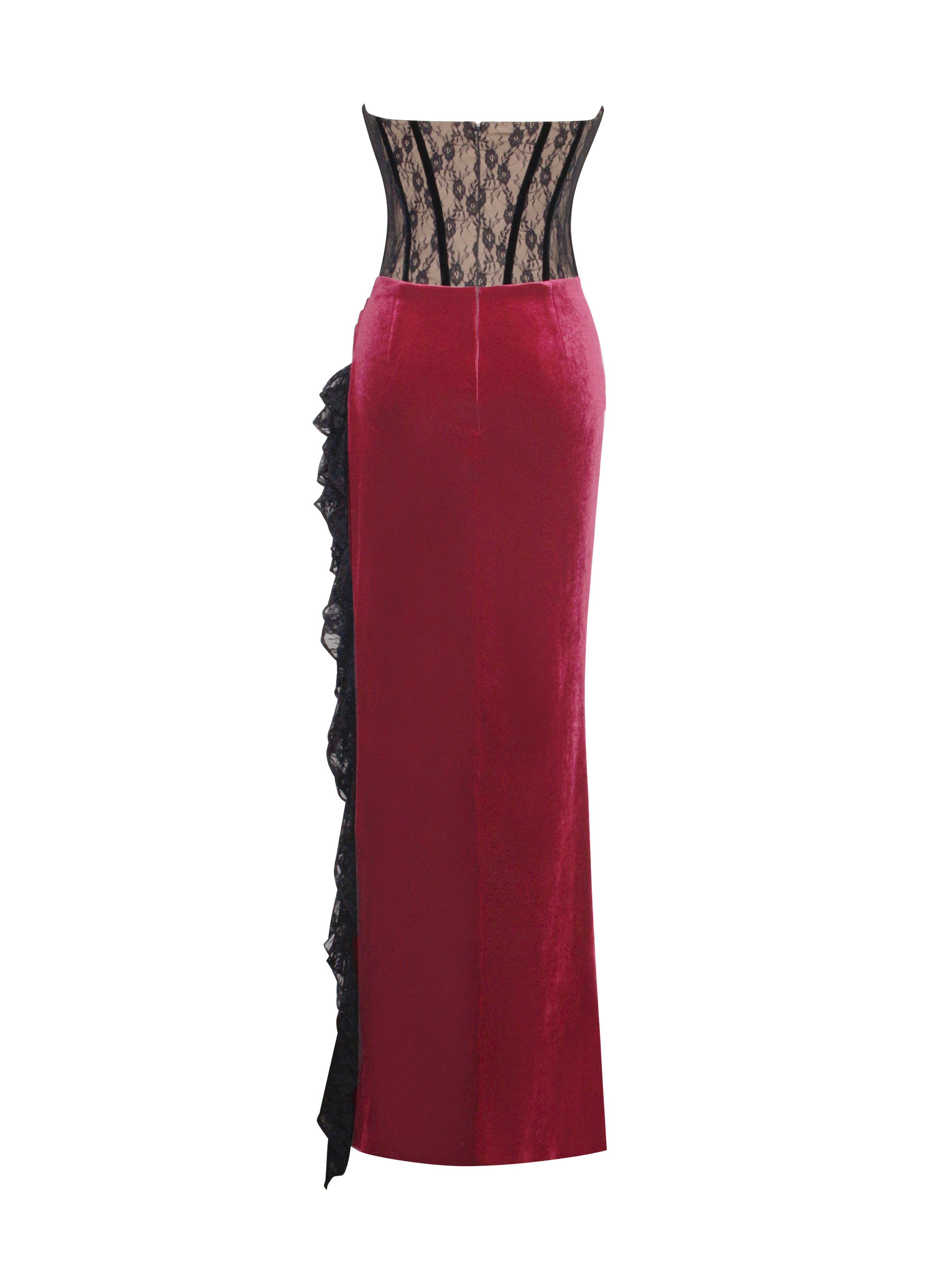 Gaia Burgundy Lace Velvet Graceful Corset Side Slit Dress Dresses