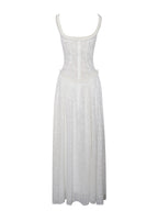 Ulissa White Square Neck Jacquard Trendy Textured High Slit Maxi Dress Dresses
