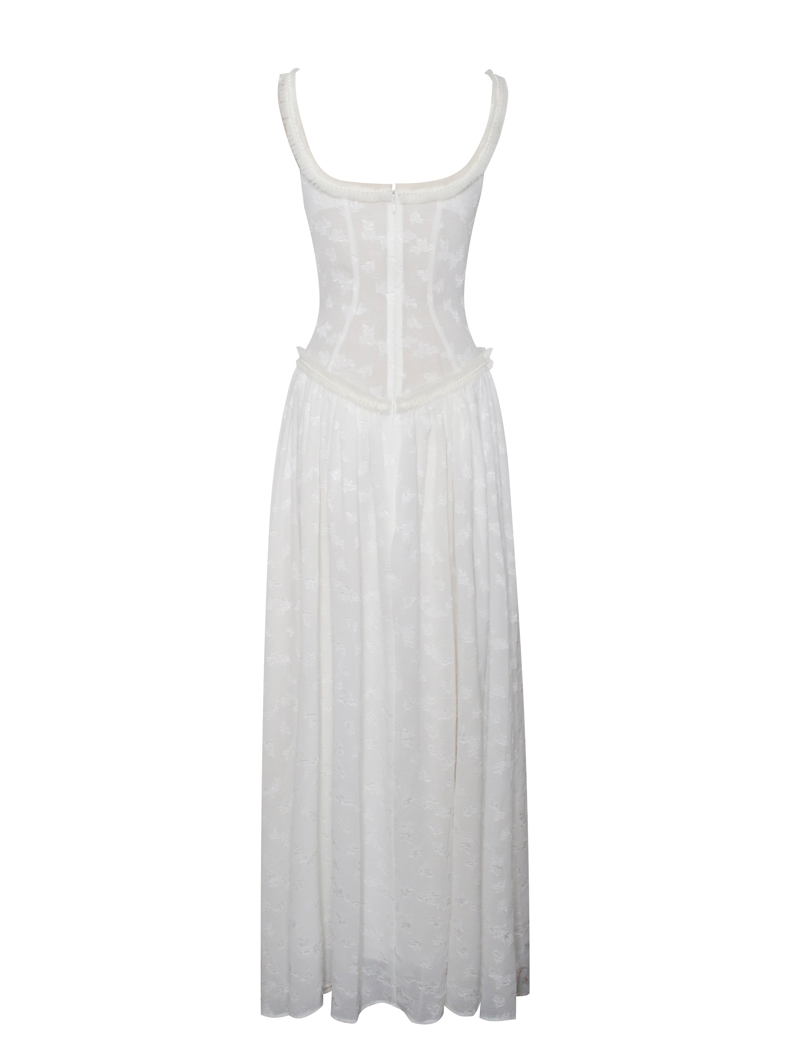 Ulissa White Square Neck Jacquard Trendy Textured High Slit Maxi Dress Dresses