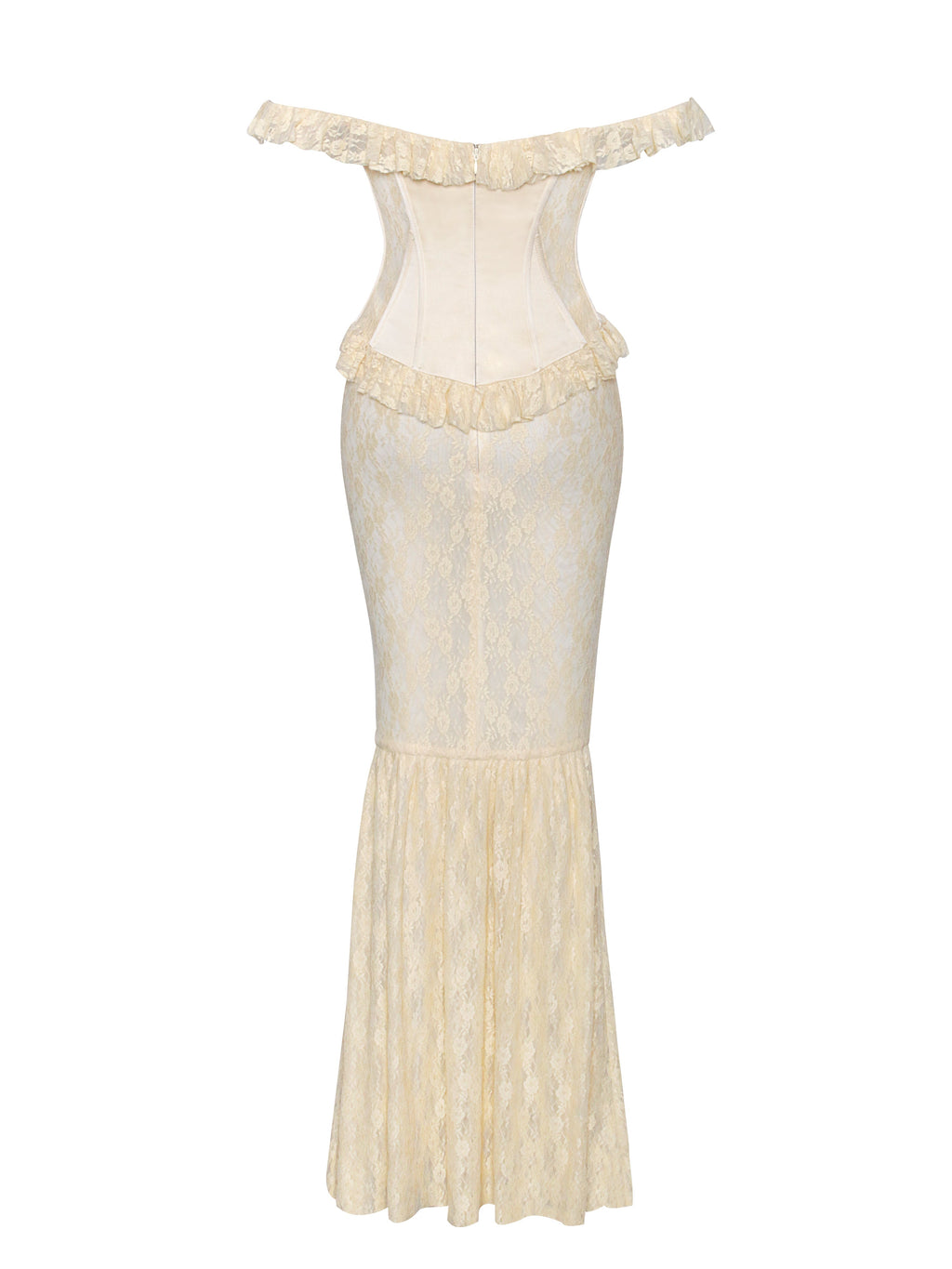 Ersilia Pale Yellow Satin Lace Trendy Peplum Corset Off Shoulder Maxi Dress Dresses