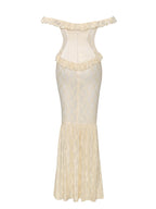 Ersilia Pale Yellow Satin Lace Trendy Peplum Corset Off Shoulder Maxi Dress Dresses