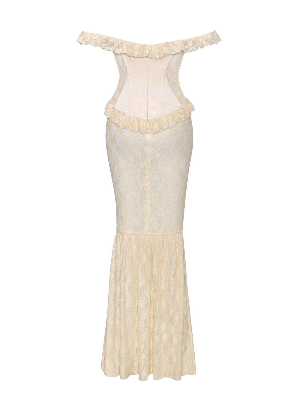 Ersilia Pale Yellow Satin Lace Trendy Peplum Corset Off Shoulder Maxi Dress Dresses