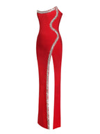Xoana Red Crystal Charming Embellished High Slit Gown Dresses