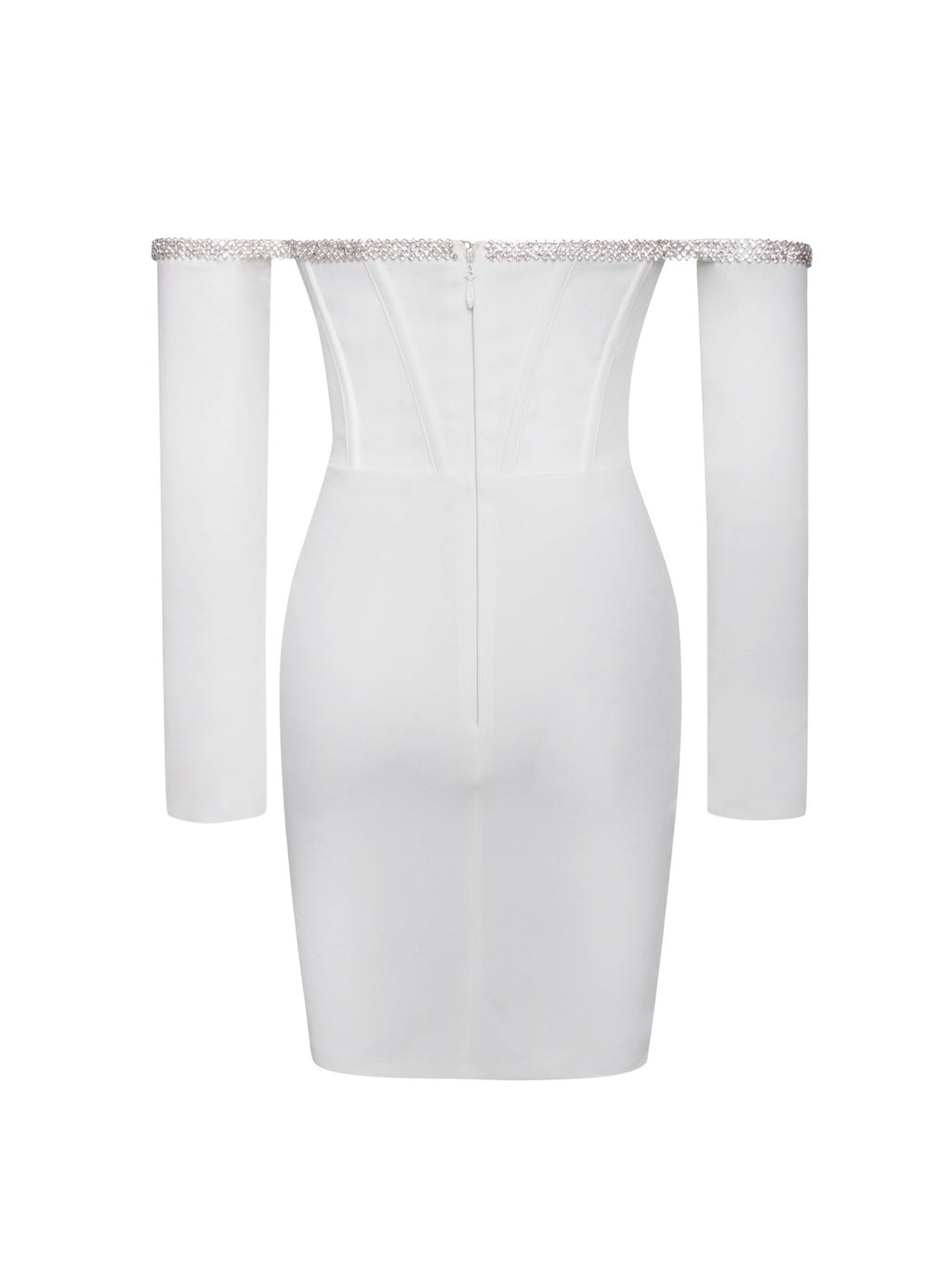 Annika White Off Shoulder Long Trendy Sleeve Corset Dress With Crystal Trim Dresses