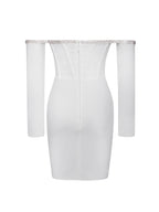 Annika White Off Shoulder Long Trendy Sleeve Corset Dress With Crystal Trim Dresses