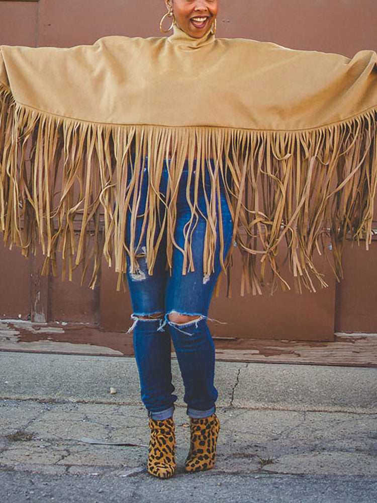 Solid Fringed Suede Top Sweatshirts & Hoodies L