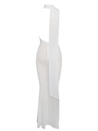 Olena White Burnout Velvet Animal Trendy Print Mesh Halter Neck Maxi Dress Dresses