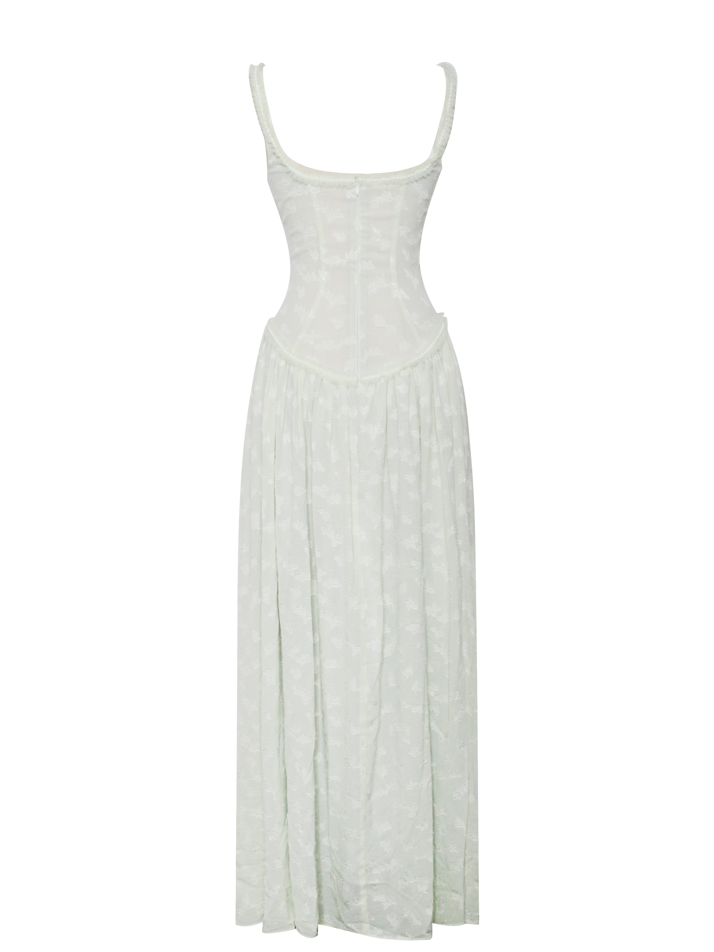 Ulissa Light Green Square Neck Trendy Jacquard Textured High Slit Maxi Dress Dresses
