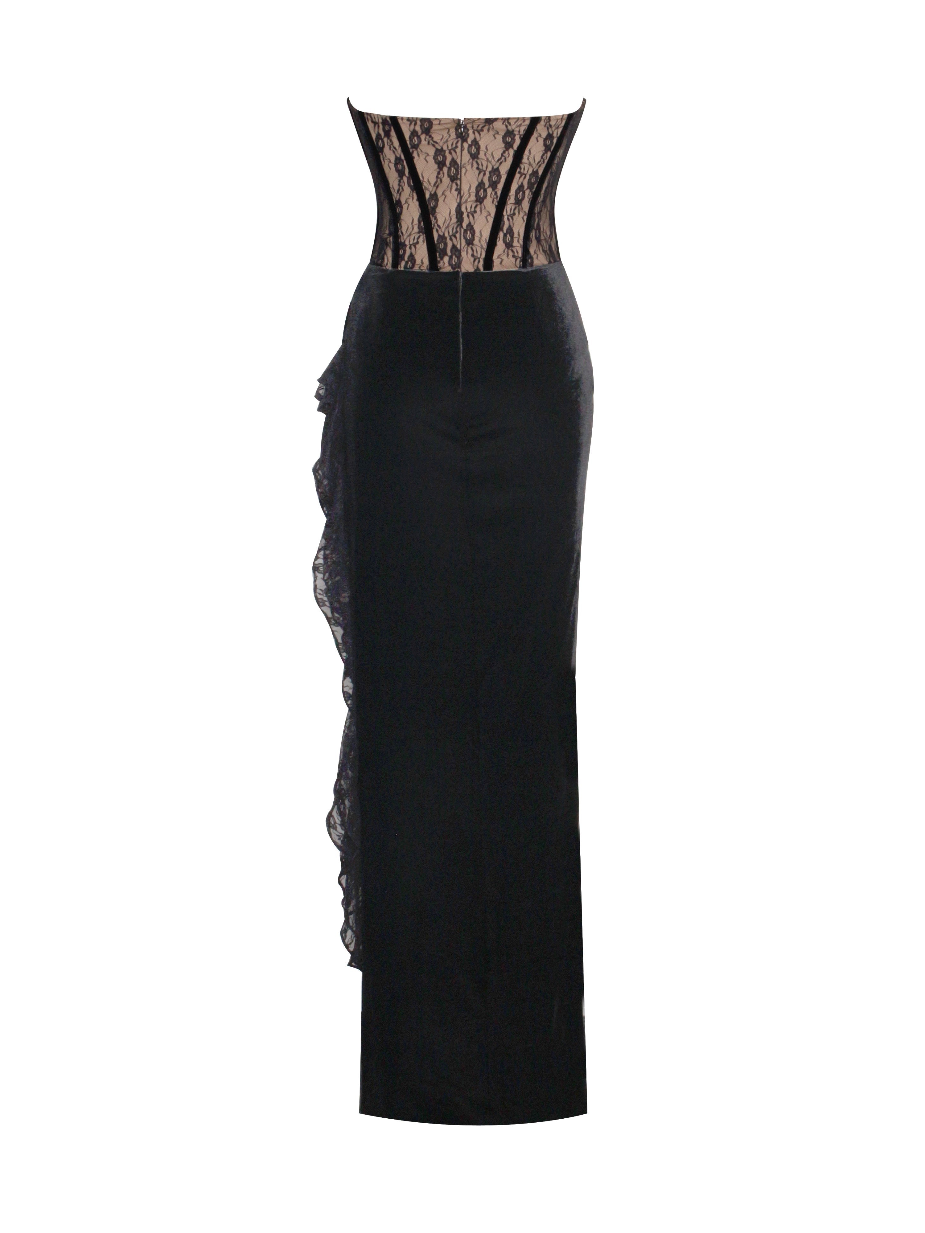 Gaia Black Lace Velvet Graceful Corset Side Slit Dress Dresses