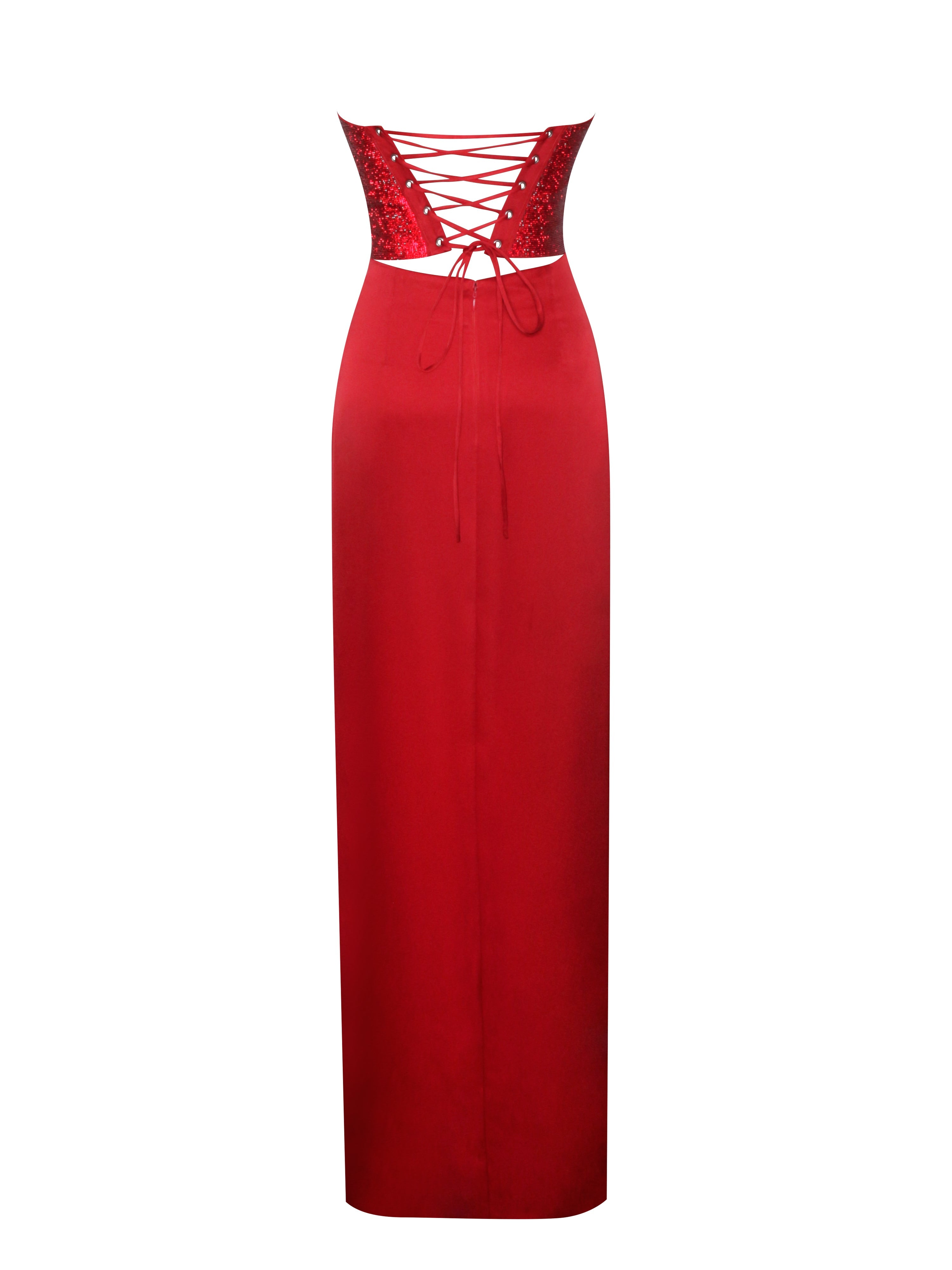 Kadesha Red Crystal High Graceful Slit Satin Corset Gown Dresses