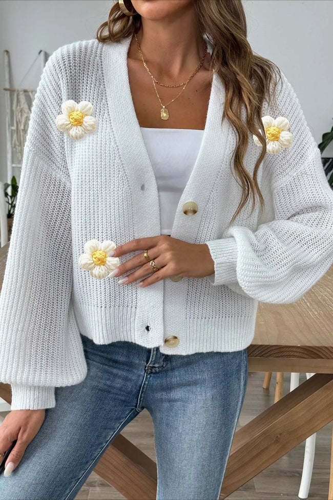 Short Floral Knit Long Sleeve Cardigan White / S Main image
