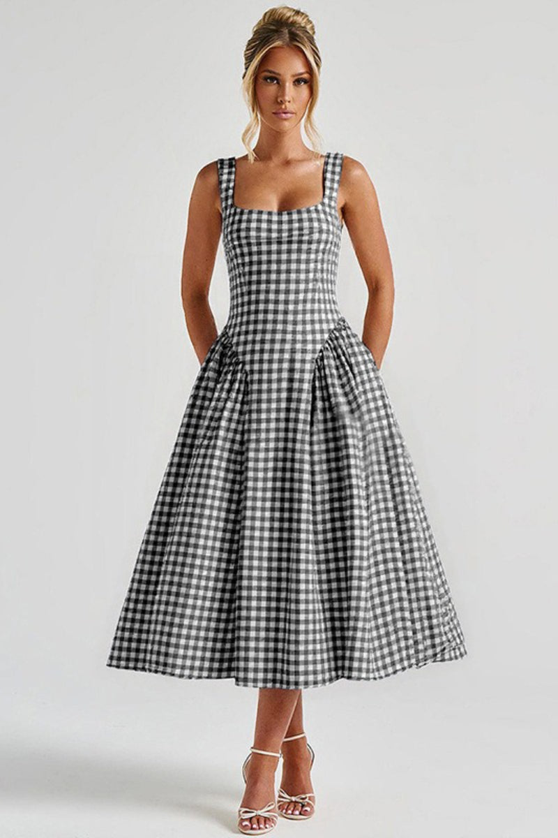 Plaid Printed Ruched Backless Spaghetti Strap Prom Dress