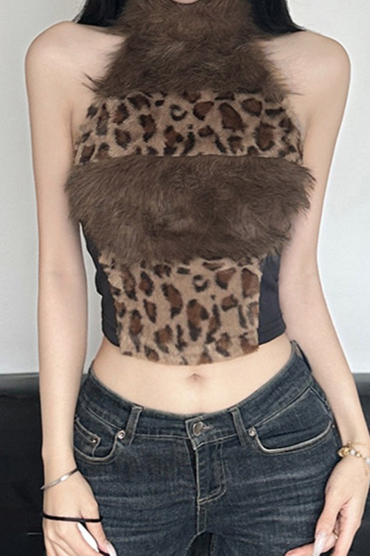 Faux Fur Collar Halter Knit Top Main image