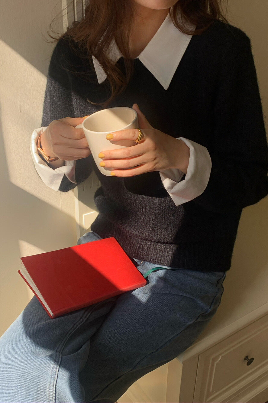 Layered Look Collared Knit Sweater Black / One Size