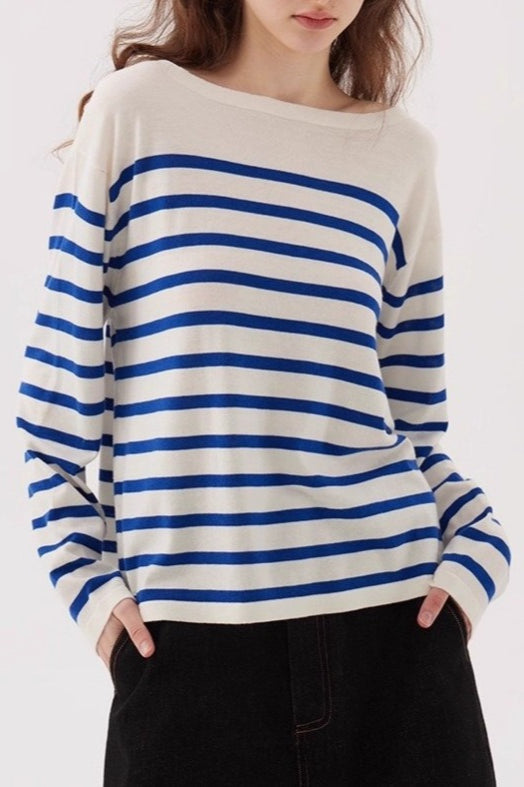 Navy Striped Relaxed Boat Neck Knit Top Main image