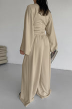 Casual Cinched Waist Flared Sleeve Top Palazzo Pants Set