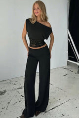 Asymmetric Collar Lace Sheer Sleeveless Crop Top