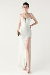 Sequin V Neck Cross Strap Mermaid Maxi Dress