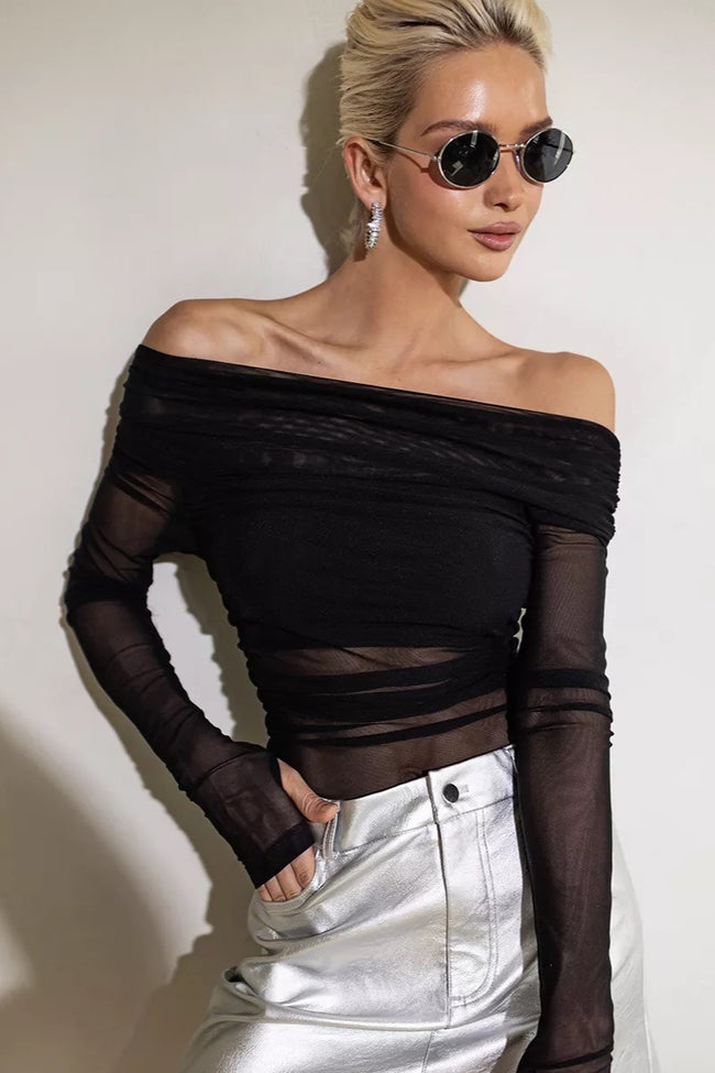 Off Shoulder Sheer Mesh Slim Fit Long Sleeve Tee Main image