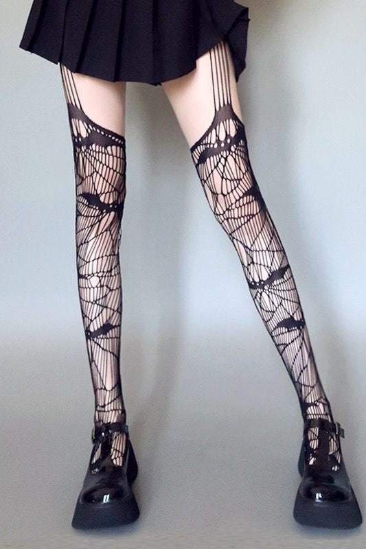 Gothic Bat Fishnet Suspender Thigh-High Stockings Main image