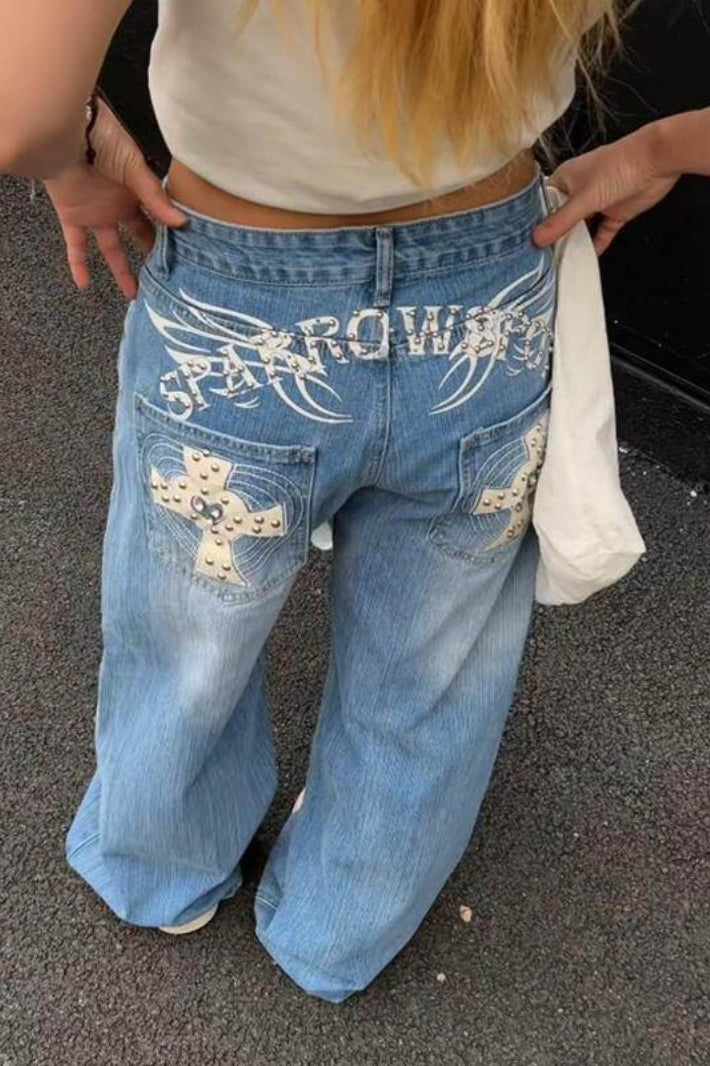 Cross Stud Curved Wide Leg Jeans