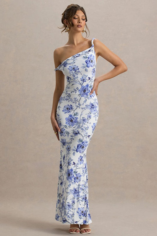 One Shoulder Twist Front Slim Long Floral Dress Main image