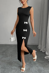 Bow Tie Slit Hem Bodycon Midi Dress