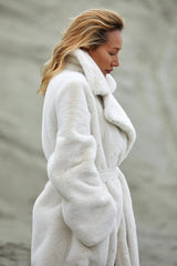 Long Notched Lapel Belted Rabbit Faux Fur Overcoat