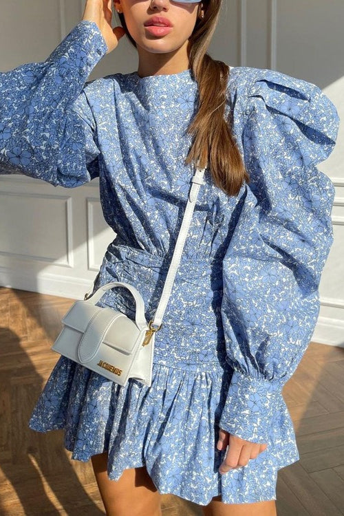 Long Sleeve Pleated Waist Short Floral Dress Main image