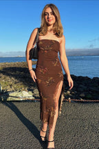 Strapless Printed Slit Double Layer Floral Dress